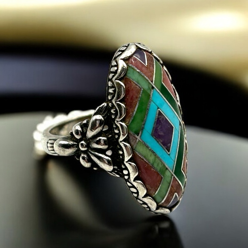 Carolyn Pollack Silver Ring with Turquoise and Purple Inlay